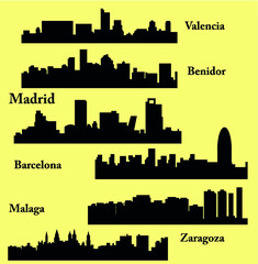 Set of 6 city silhouette in Spain ( Madrid, Zaragoza, Barcelona, Valencia, Malaga, Benidor )