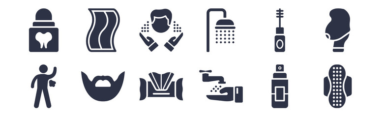12 pack of black filled icons. glyph icons such as sanitary, ablution, beardy, dolled up, douche, face washer, face towel for web and mobile apps, logo