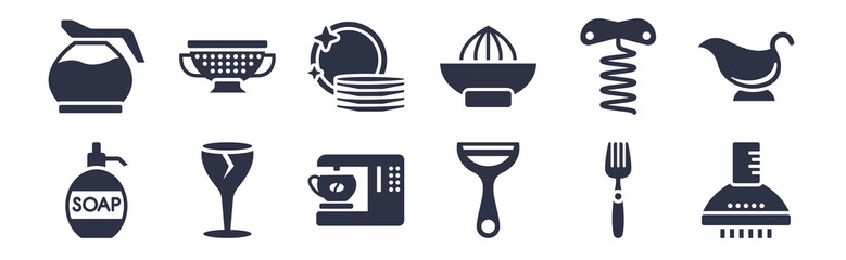 12 pack of black filled icons. glyph icons such as extractor hood, peeler, glass, corkscrew, juicer, dishes, strainer for web and mobile apps, logo