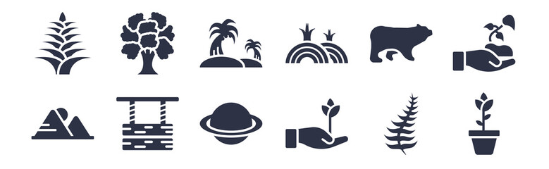 12 pack of black filled icons. glyph icons such as flower pot, cultivation, wood board, polar, prairie, palm islands, chestnut oak tree for web and mobile apps, logo