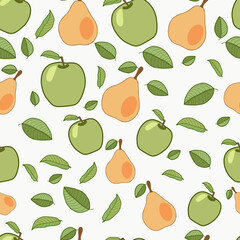 Vector seamless fruit pattern. Green apples and yellow pears with leaves.