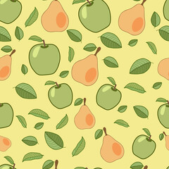 Vector seamless fruit pattern. Green apples and yellow pears with leaves.