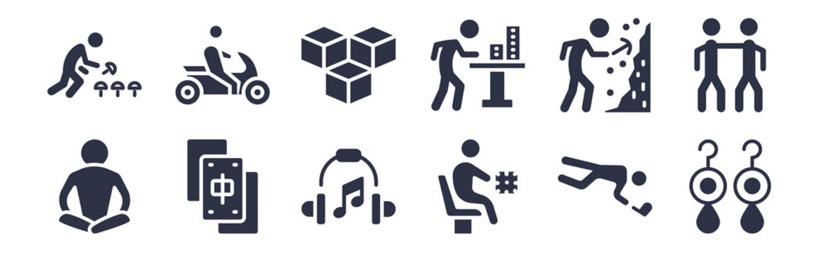 12 pack of black filled icons. glyph icons such as jewelry making, lace making, mahjong, mineral collecting, model building, modeling, motorcycle riding for web and mobile apps, logo