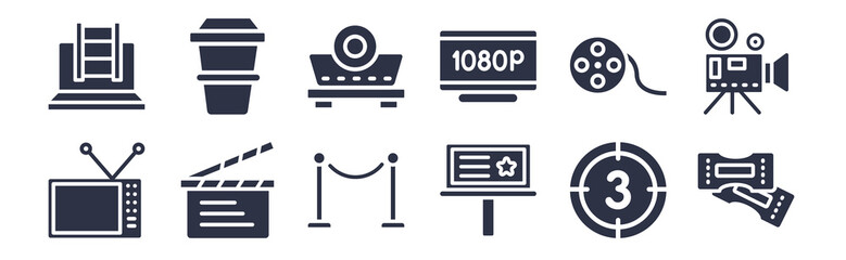12 pack of black filled icons. glyph icons such as tickets, movie billboard, cinema clapperboard, movie roll, 1080p hd tv, image projector, smoothie with straw for web and mobile apps, logo