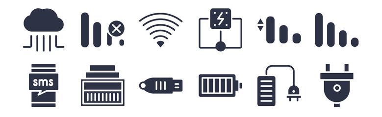 12 pack of black filled icons. glyph icons such as plug, battery, ethernet, medium, scheme, , no for web and mobile apps, logo