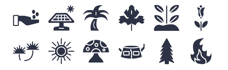 12 pack of black filled icons. glyph icons such as burning flames, stump house, season, farming, dry leaf, coconut tree standing, solar for web and mobile apps, logo