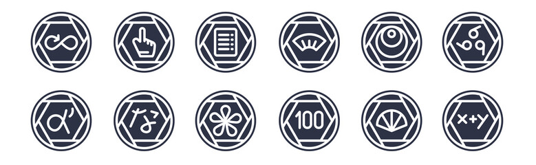 12 pack of black filled icons. glyph icons such as math, speed limit 100, kanji, circular, asian fan, index, thumb up filled gesture for web and mobile apps, logo