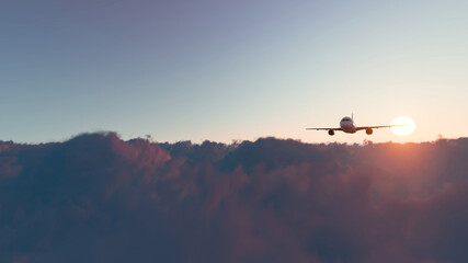 Fototapeta na wymiar Airplane is flying above clouds at sunset