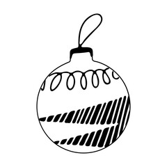 Hand drawn Christmas tree ball with doodle elements. Isolated on a white background.