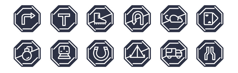 12 pack of black filled icons. glyph icons such as narrow road, no camping, railway, no rodents, no turn, skating, t junction for web and mobile apps, logo