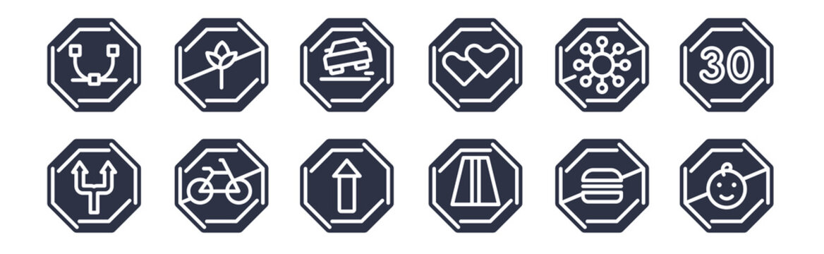12 pack of black filled icons. glyph icons such as no children, highway, no bicycle, no virus, lovemaking, pothole, picking flowers for web and mobile apps, logo