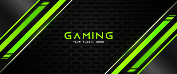 Futuristic green and black abstract gaming banner design with metal technology concept. Vector illustration for business corporate promotion, game header social media, live streaming background