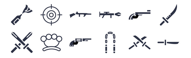 12 pack of black filled icons. glyph icons such as katana with handle, japanese nunchaku, brass knuckles, musket, bazooka, machine gun, shooting target for web and mobile apps, logo