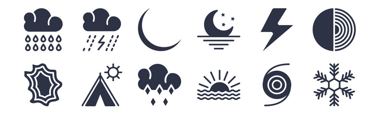 12 pack of black filled icons. glyph icons such as freezing, haze, indian summer, light bolt, moonrise, new moon, rainfall for web and mobile apps, logo - obrazy, fototapety, plakaty