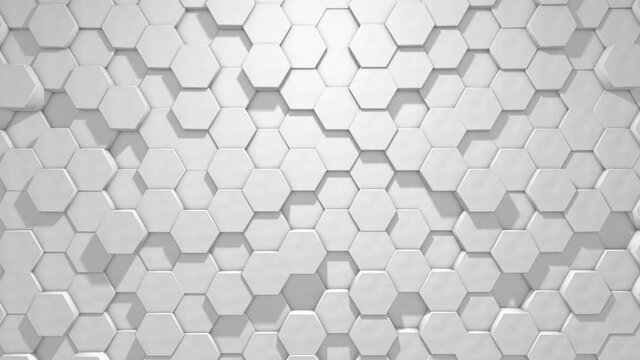 Abstract hexagons geometric background, white minimal texture, 3d looped Animation in 4k.Seamless loop digital hexagon motion graphics