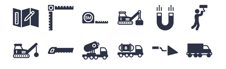 12 pack of black filled icons. glyph icons such as truck with freight, fuel truck, wood saw, inclined magnet, derrick with box, five meters ruler, angle ruler for web and mobile apps, logo