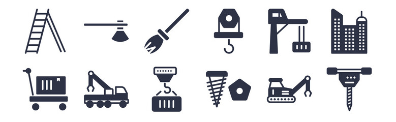 12 pack of black filled icons. glyph icons such as pickaxes drilling, two screws, truck with crane, big derrick with boxes, pulley hook, sweeping broom, inclined ax for web and mobile apps, logo
