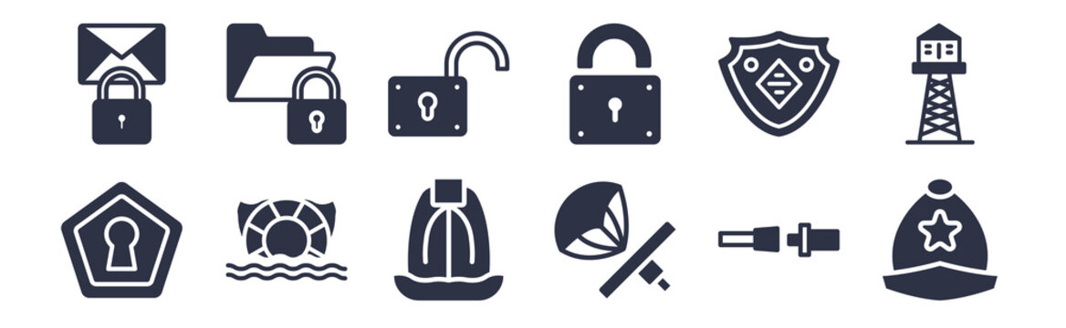 12 Pack Of Black Filled Icons. Glyph Icons Such As Police Helmet, Airbag, Float, Rhomboid, Locked Padlock, Unlocked Padlock, Lock Folder For Web And Mobile Apps, Logo