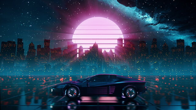 80s retro futuristic drive background with vintage car. Stylized sci-fi city landscape in outrun VJ style, night sky. Vaporwave 60 fps 3D illustration for EDM music video, DJ set, club. 4k