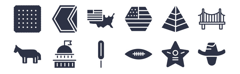 12 pack of black filled icons. glyph icons such as cowboy, rugby, washington, pyramid, usa, america, sticker for web and mobile apps, logo