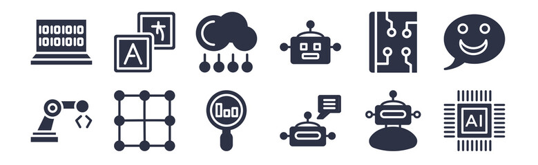12 pack of black filled icons. glyph icons such as artificial intelligence, piction, algorithm, book, bot, cloud computing, translation for web and mobile apps, logo