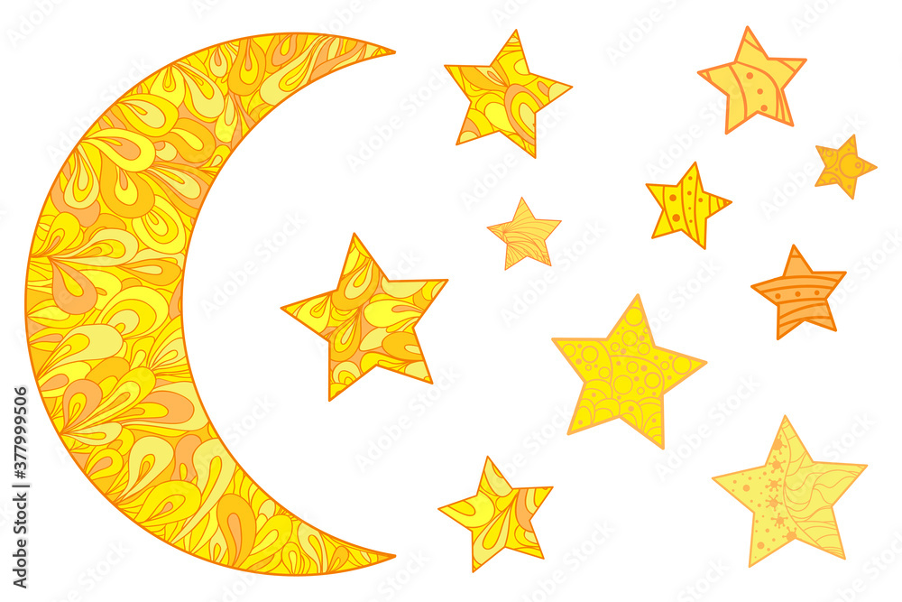 Sticker colorful crescent moon with stars on white. moon and stars with abstract patterns on isolated backgr