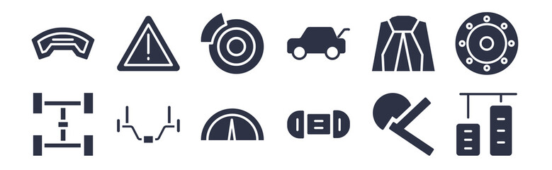 12 pack of black filled icons. glyph icons such as car accelerator, car alternator, car anti-roll bar, bonnet, boot, brake, brake light for web and mobile apps, logo - obrazy, fototapety, plakaty