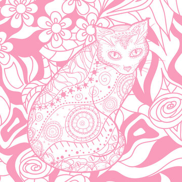 Square pattern with ornate cat. Hand drawn animal with abstract patterns. Print for polygraphy, t-shirts and textiles