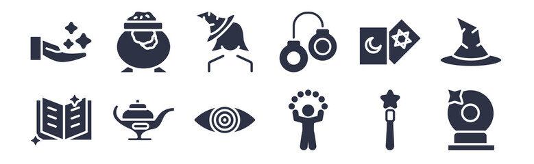 12 pack of black filled icons. glyph icons such as crystal ball, juggler, magic lamp, tarot, handcuffs, magic assistant, cauldron for web and mobile apps, logo
