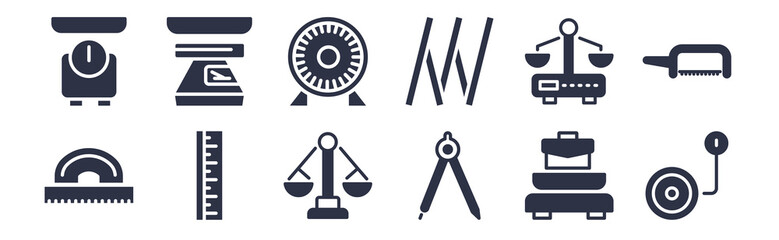 12 pack of black filled icons. glyph icons such as wheel meter, open compass, big ruler, old scale, null, round scale, mini scale for web and mobile apps, logo