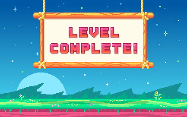 Pixel art design with outdoor landscape background.