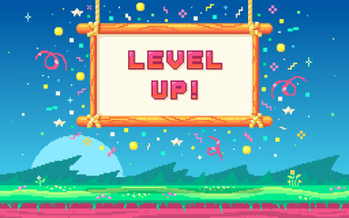 Pixel art design with outdoor landscape background.