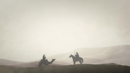 Arabian Warriors in an Arabian Desert Riding Camel and Horse