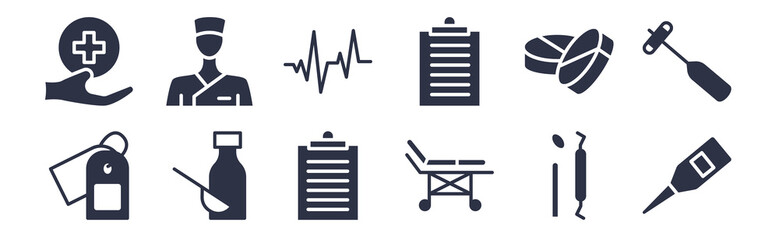 12 pack of black filled icons. glyph icons such as medical temperature control tool, hospital bed side view, syrup medicine bottle, medicine, medical notes of a list paper on a clipboard, pulse