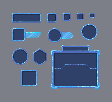 Pixel Art Game UI Set. Set Of Boarders In Futuristic Style.