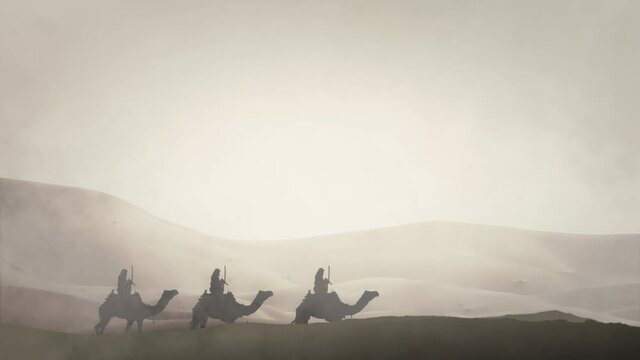 Arabian Warriors in an Arabian Desert Riding Camels