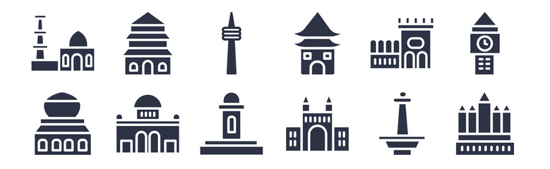 Obraz premium 12 pack of black filled icons. glyph icons such as thatbyinnyu temple, gateway of india, alcala gate, belem tower, chiang kai shek memorial hall, canadian national tower, temple of heaven in beijing