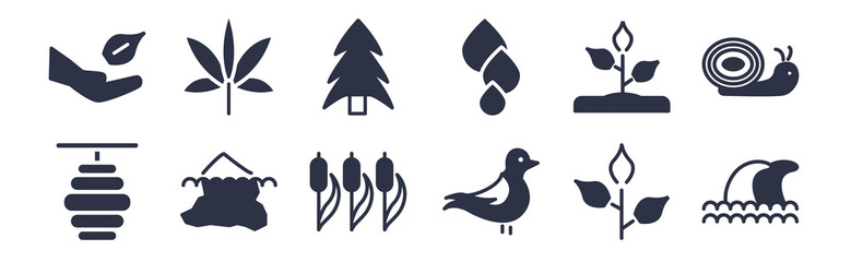 12 pack of black filled icons. glyph icons such as waves, bird, iceberg, grow plant, water drop, pine tree, hemp for web and mobile apps, logo
