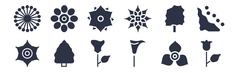 12 pack of black filled icons. glyph icons such as bell, calla, cedar, cypress, daffodil, dahlia, daisy for web and mobile apps, logo