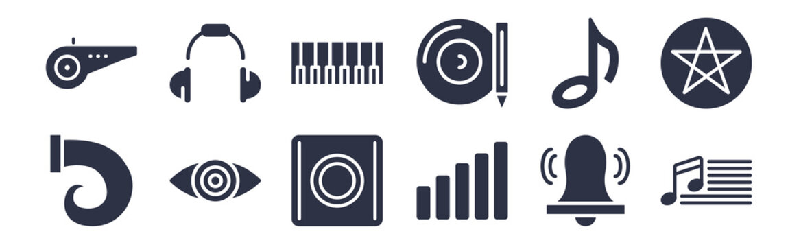12 pack of black filled icons. glyph icons such as sheet music, volume bars, eyes, quaver note, cd writer, piano class, school headphones for web and mobile apps, logo
