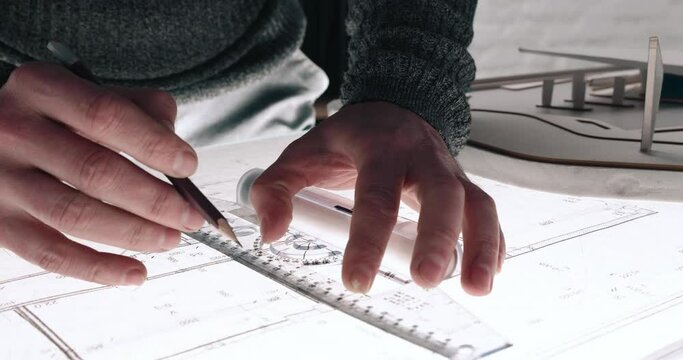 Close up of Man&rsquo;s hands drawing lines on the Large Format Paper at Modern Office. Architect using Ruler and Pencil to make Blueprints on the Paper. Having very Responsible Job. Great work.