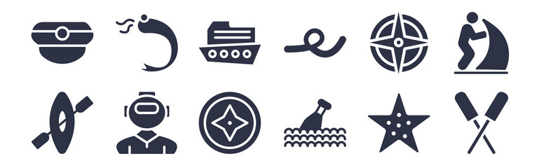 12 pack of black filled icons. glyph icons such as paddles, message in a bottle, aqualung, compass, rope knot, ferry facing right, prawn facing left for web and mobile apps, logo