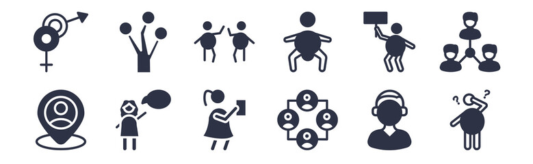 12 pack of black filled icons. glyph icons such as worker thinking, working group, speaking clerk, yes, rikishi, fans, family tree for web and mobile apps, logo