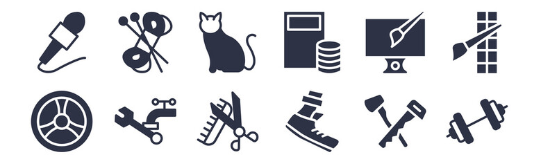12 pack of black filled icons. glyph icons such as body building, runner, plumber, graphic de, accountant, ailurophile, knitting for web and mobile apps, logo
