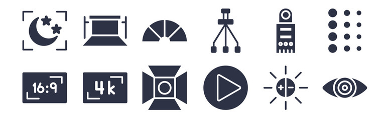 12 pack of black filled icons. glyph icons such as eye, play video, resolution, light meter, tripod, metering, chroma for web and mobile apps, logo