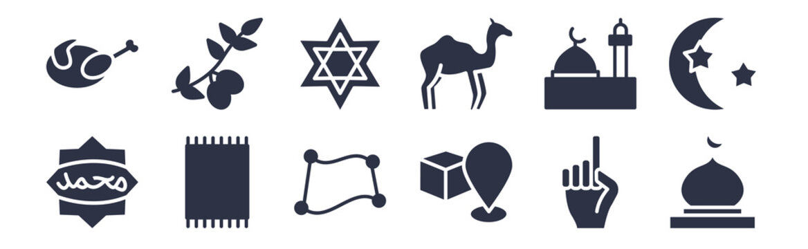 12 pack of black filled icons. glyph icons such as mosque domes, qibla, praying mat, medina, dromedary, star of david, olive branch for web and mobile apps, logo