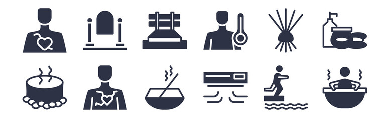 12 pack of black filled icons. glyph icons such as 2steam bath, air cooling, arterioles, birching, body heat gain, brine cabin, caldarium for web and mobile apps, logo