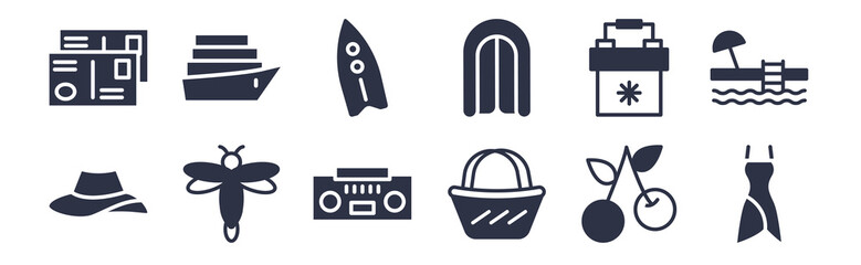 12 pack of black filled icons. glyph icons such as dress, beach bag, firefly, portable fridge, air mattress, bodyboard, cruise for web and mobile apps, logo
