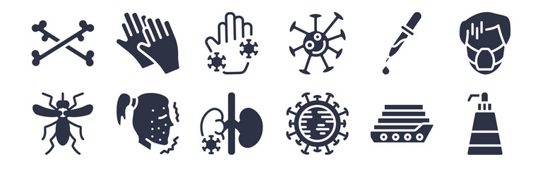 12 pack of black filled icons. glyph icons such as liquid soap, global, rash, pipette, cells, contaminated, gloves for web and mobile apps, logo