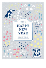 手描きイラスト素材 21年可愛いお花と牛の北欧柄年賀状 丑年 Wall Mural Mogumogu